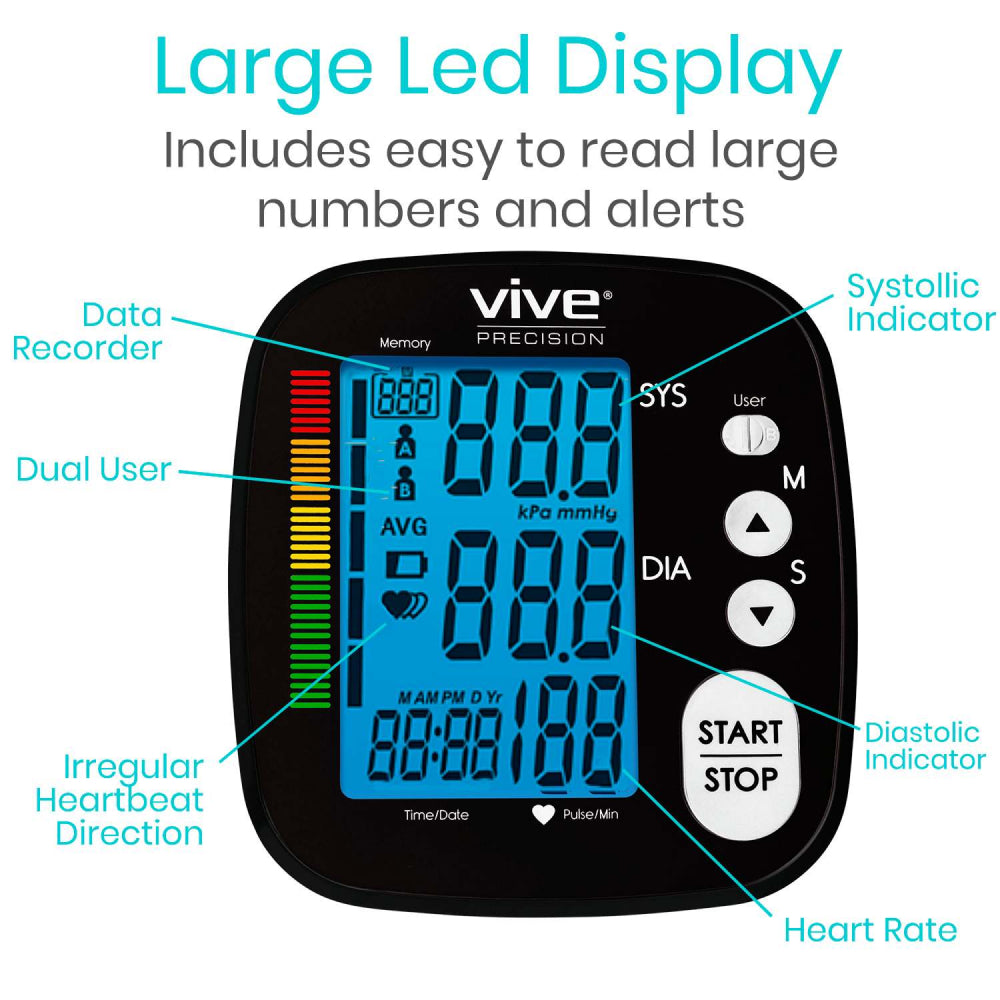 Large easy to read LED screen on vive blood pressure monitor.