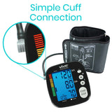 Easy to use cuff connection on home blood pressure monitor.