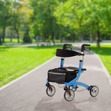 Blue rollator from the side view showing padded seat, ergonomic handles, and cobalt blue design