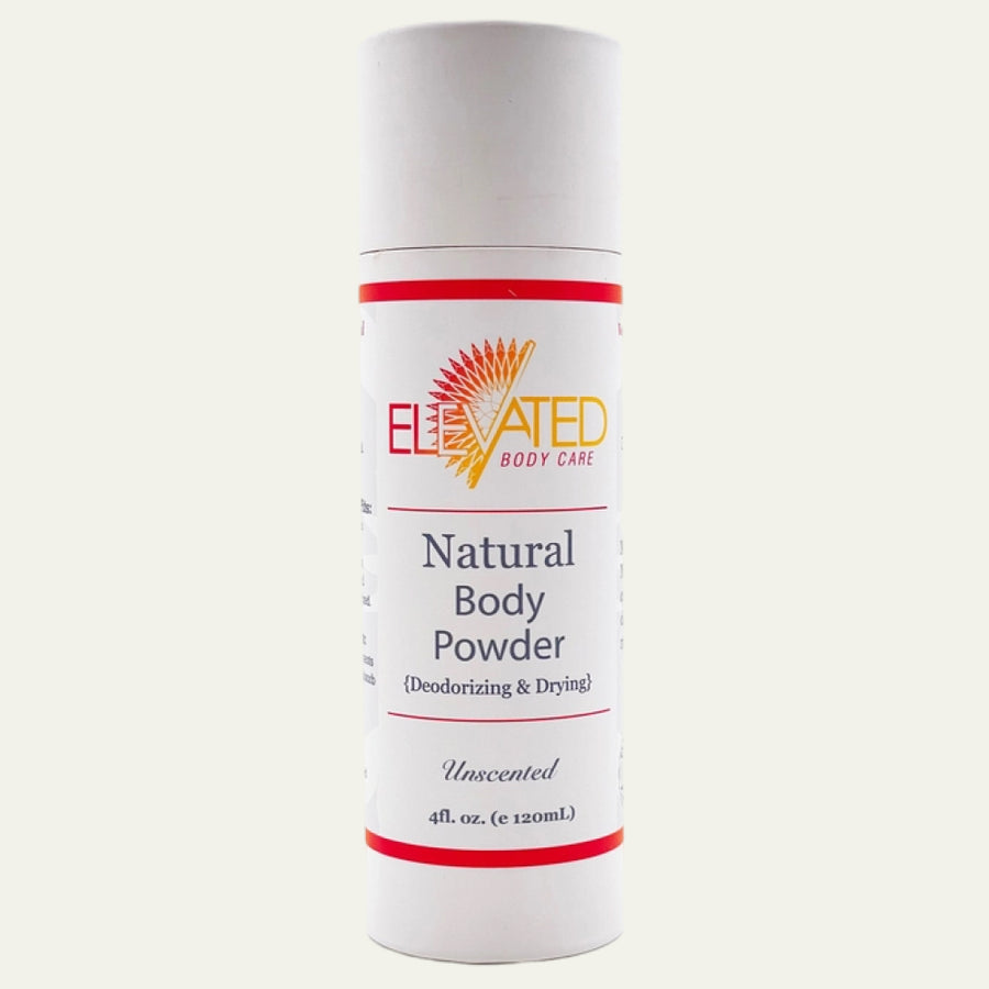 Can of Elevated Body Care natural body powder on a white background