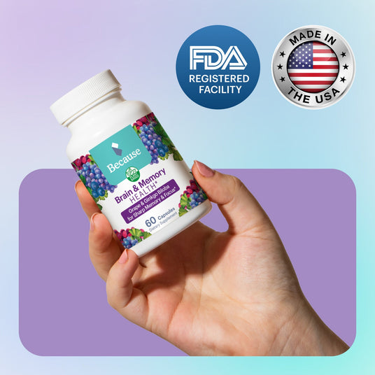 Because Market Brain & Memory Supplement with two seals reading "FDA registered facility" and "Made in the USA"