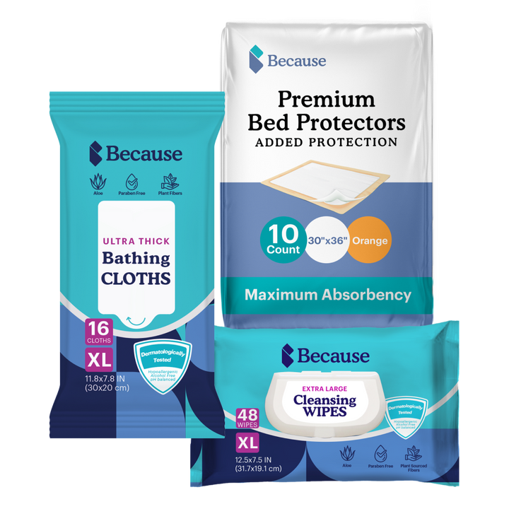 Three packages of 'Because' products including bathing cloths, bed protectors, and cleansing wipes on a white background.