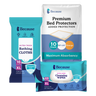 Three packages of 'Because' products including bathing cloths, bed protectors, and cleansing wipes on a white background.