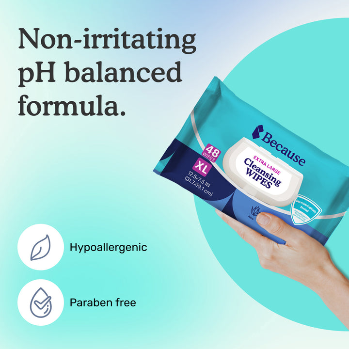 Package of Because cleansing wipes with text highlighting non-irritating pH balance, hypoallergenic, and paraben-free properties on a gradient blue background.