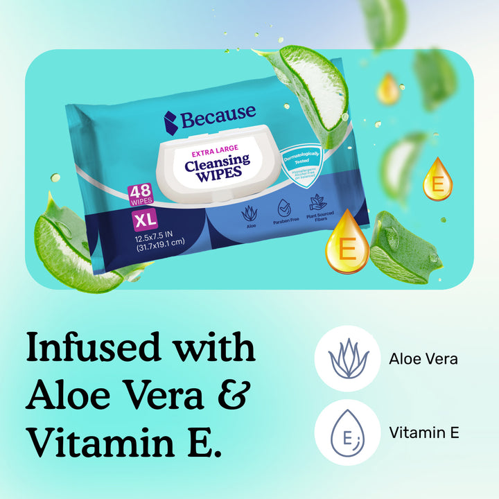 Package of cleansing wipes with aloe vera and vitamin E icons on a light blue background