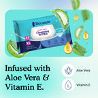 Package of cleansing wipes with aloe vera and vitamin E icons on a light blue background