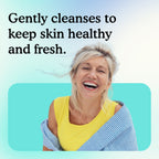 Woman laughing with text 'Gently cleanses to keep skin healthy and fresh' on a blue background