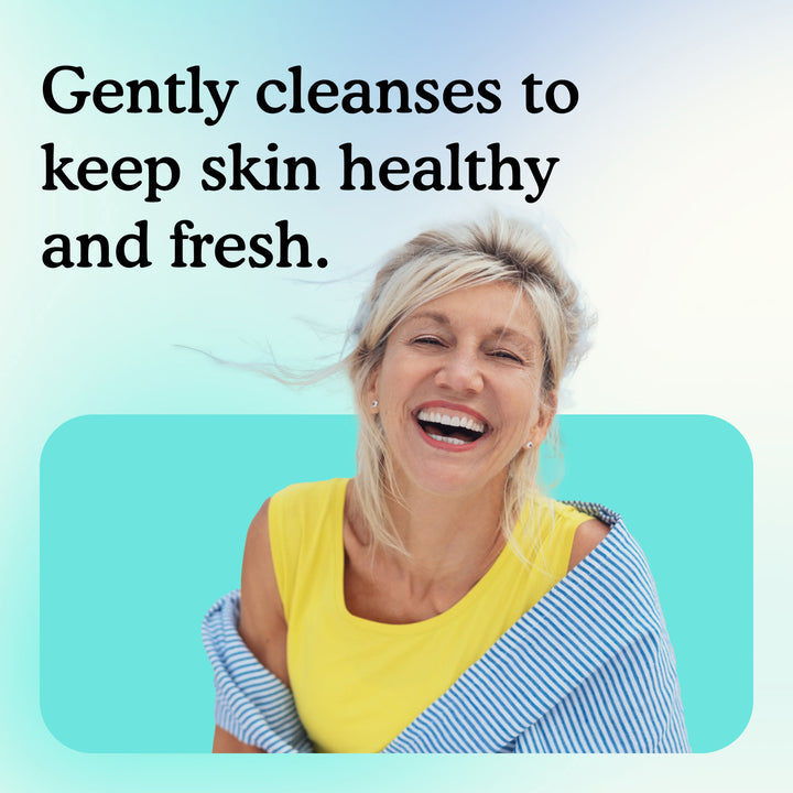 Woman laughing with text 'Gently cleanses to keep skin healthy and fresh' on a blue background