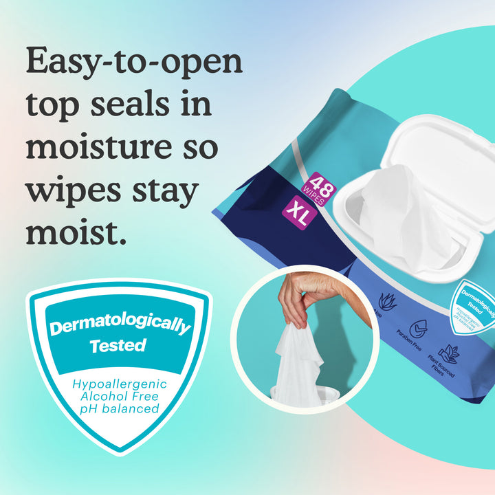 Packaging of wipes with text about easy-to-open top seals and dermatological testing.