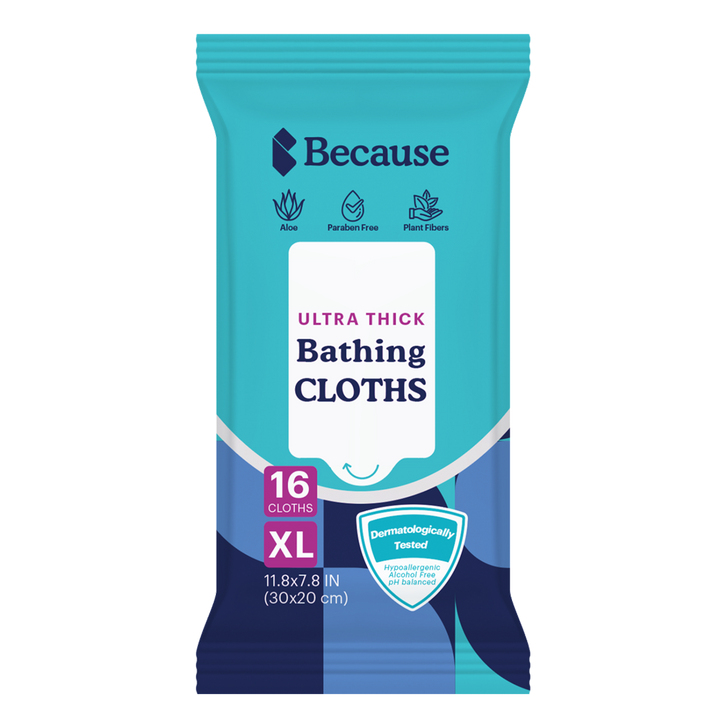 Package of Because ultra thick bathing cloths on a white background