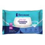 Packshot of the 48-wipe pack of Because Extra Large Cleansing Wipes, a teal and navy pouch with a white flip-top lid, marked XL 12.5 by 7.5 inches with aloe, paraben free and plant sourced fiber icons.