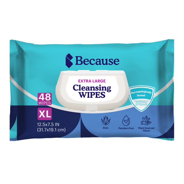 Packshot of the 48-wipe pack of Because Extra Large Cleansing Wipes, a teal and navy pouch with a white flip-top lid, marked XL 12.5 by 7.5 inches with aloe, paraben free and plant sourced fiber icons.