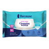 Packshot of the 48-wipe pack of Because Extra Large Cleansing Wipes, a teal and navy pouch with a white flip-top lid, marked XL 12.5 by 7.5 inches with aloe, paraben free and plant sourced fiber icons.