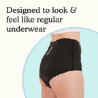 A model wearing Because Premium Maximum Plus Underwear for Women in Black on a white and light blue background