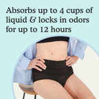Model sitting on a chair wearing Because Premium Maximum Plus Underwear for Women in Black with text "absorbs up to 4 cups of liquid and locks in odors for up to 12 hours" on light blue background