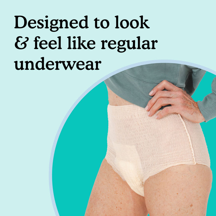 Person wearing beige incontinence underwear with text 'Designed to look & feel like regular underwear' on a light blue background.
