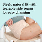 Model sitting in maximum plus underwear for women with text "sleek, natural fit with tearable side seams for easy changing" on light blue background