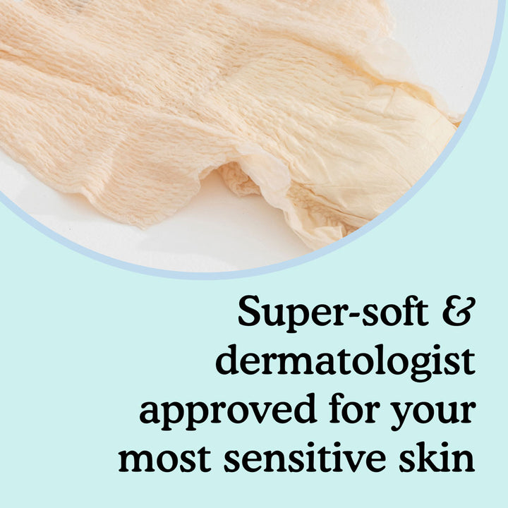 Because maximum beige underwear up close with text "super-soft and dermatologist approved for your most sensitive skin" on light blue background