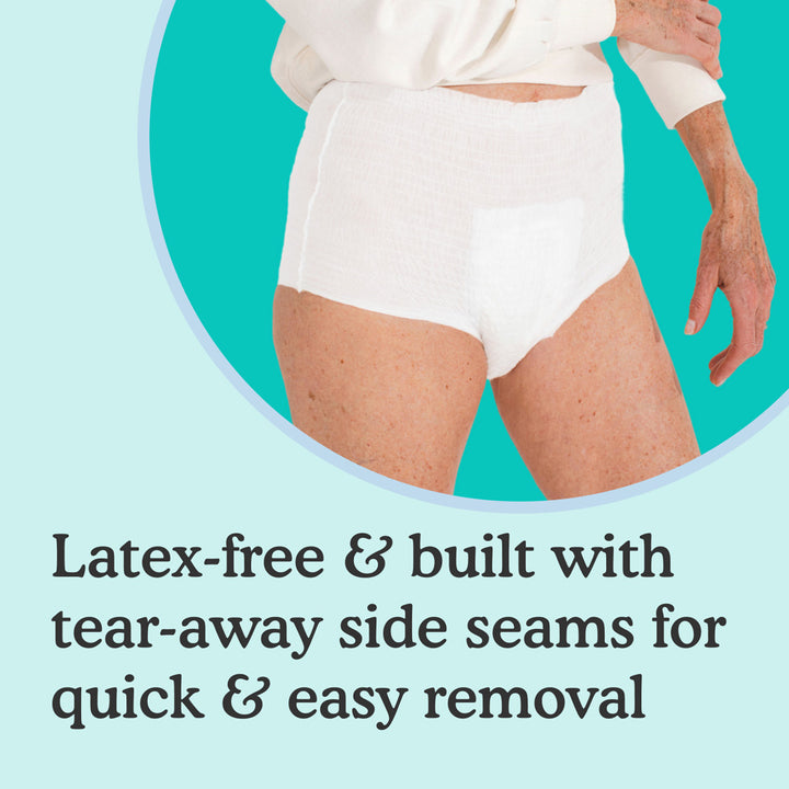 Front view of overnight underwear for women with text "latex-free and built with tear-away side seams for quick and easy removal" on light blue background