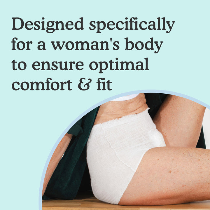 Side view of a woman wearing Overnight underwear with text "designed specifically for a woman's body to ensure optimal comfort and fit" on light blue background