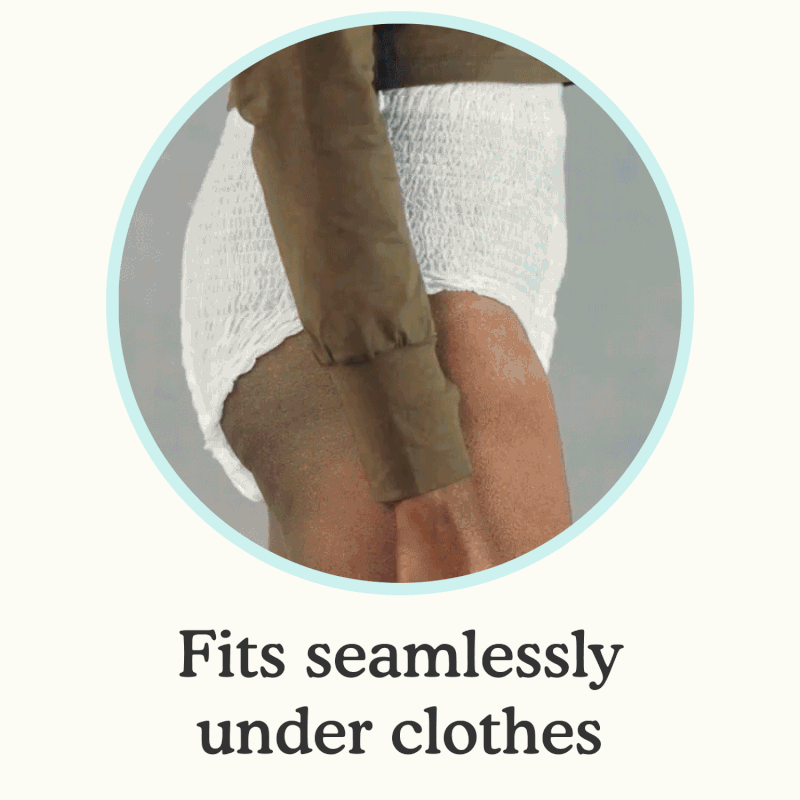 A woman pulling up her jeans over overnight underwear with no visible lines