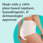 Woman wearing sensitive underwear with text "made with 100% plant-based topsheet, hypoallergenic, and dermatologist approved on a light blue background