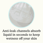 Clip of Because underwear absorption with text "Anti-leak channels absorbs liquid in seconds to keep wetness off your skin" on a white background.