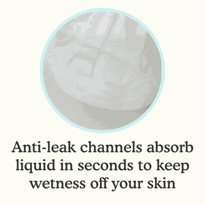 Clip of Because underwear absorption with text "Anti-leak channels absorbs liquid in seconds to keep wetness off your skin" on a white background.