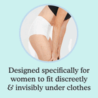 A woman pulling up black pants over overnight underwear with no visible lines with text "designed specifically for women to fit discreetly and invisibly under clothes" on a light blue background