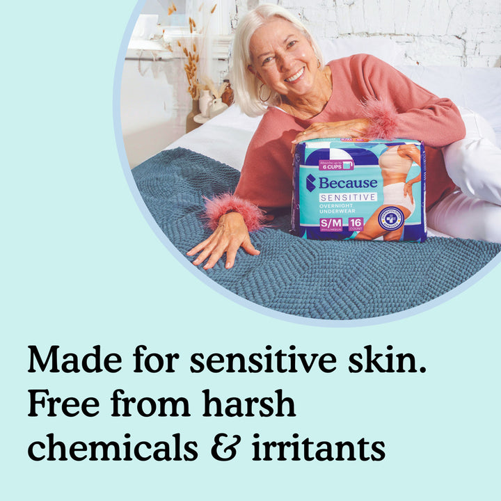 A woman laying on her side with a package of sensitive overnight underwear with text "Made for sensitive skin. Free from harsh chemicals and irritants" on a light blue background.
