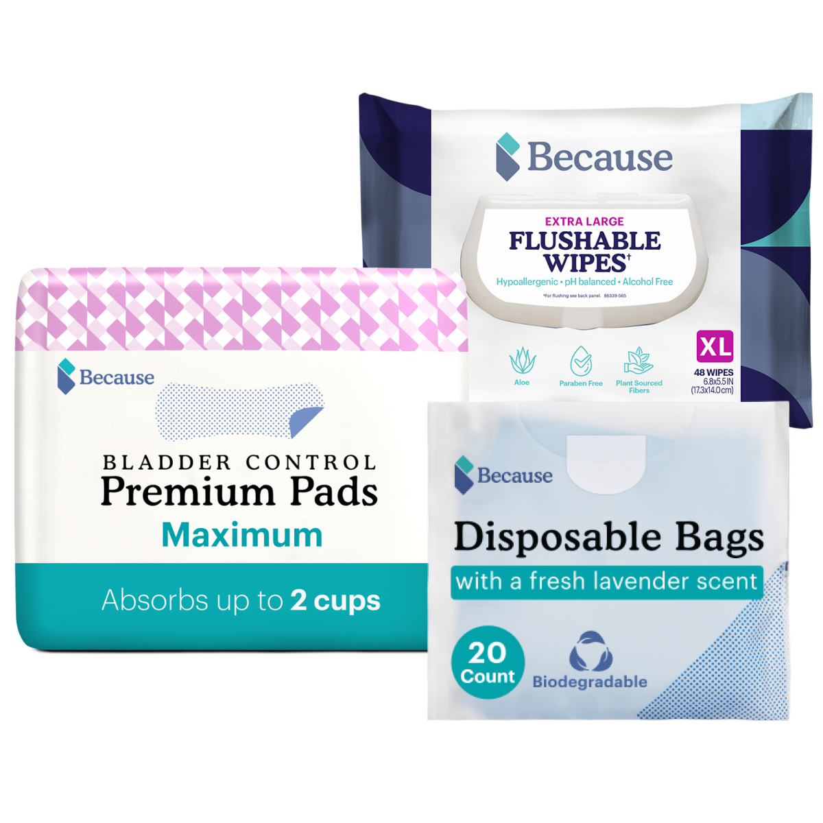 Daily Trio Pad Bundle contains 1 pack of Because Market Maximum Pads, 1 pack of Because Market Flushable Wipes and 1 pack of Because Market Disposable Bags.