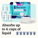 Because overnight underwear packaging with text "absorbs up to 6 cups of liquid" on light blue and white background