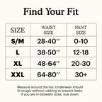 Size chart for Because underwear with waist and pant measurements on a white background
