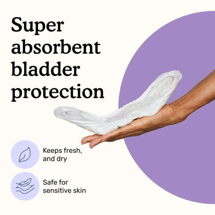 Hand holding Because maximum bladder control pad with text "Super absorbent bladder protection" on a white and purple background.