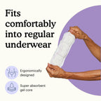 Hand holding Because maximum bladder control pad with text "Fits comfortably into regular underwear" on a white and purple background.