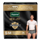 Depend Real-Fit adult diaper packaging on a white background