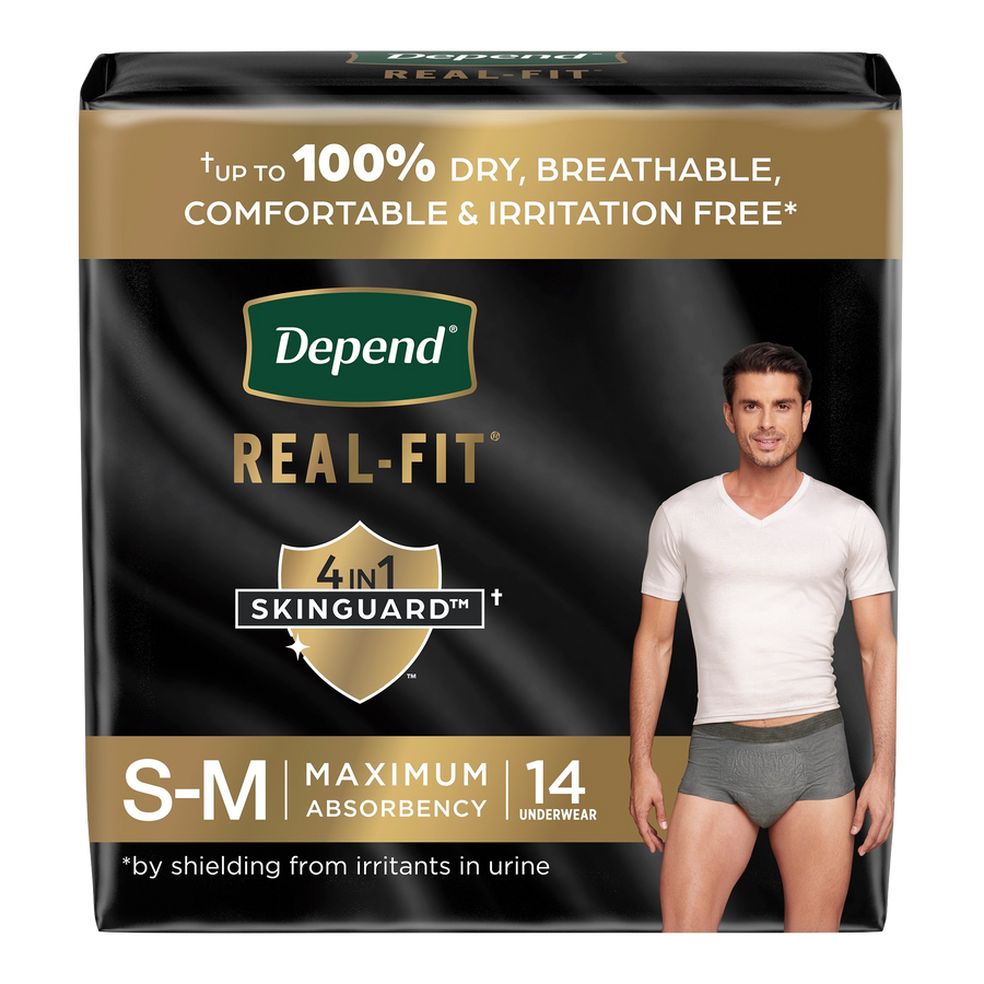 Depend Real-Fit adult diaper packaging on a white background