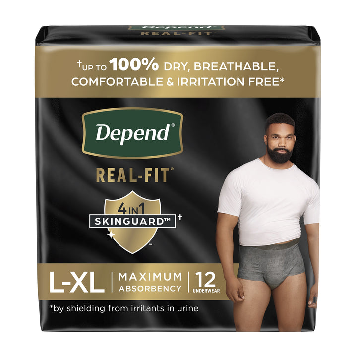 Depend Real-Fit adult diaper packaging on a white background