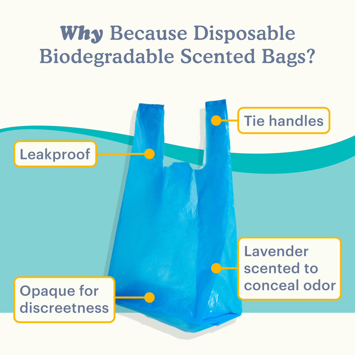 Why choose Because Disposable Biodegradable Scented Bags? It has tie handles, Leakproof, Opaque for discreetness and is Lavender scented to conceal odor.