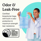 Woman in light blue shirt holding a Because disposal bag  with text "oder and leak-free certified biopolymer bags with build in oder protection and maximum strength tear resistance" and USDA certified biobased product graphic on a white and teal background