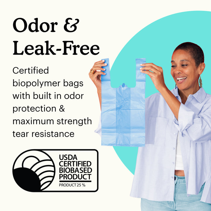 Woman in light blue shirt holding a Because disposal bag  with text "oder and leak-free certified biopolymer bags with build in oder protection and maximum strength tear resistance" and USDA certified biobased product graphic on a white and teal background