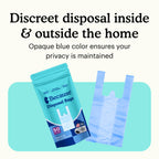 Because Disposal Bags packaging with text about discreet disposal inside and outside the home.
