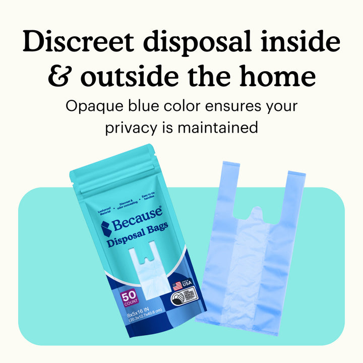 Because Disposal Bags packaging with text about discreet disposal inside and outside the home.