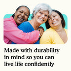 Three women smiling with text "made with durability in mind so you can live life confidently" on a white and teal background.