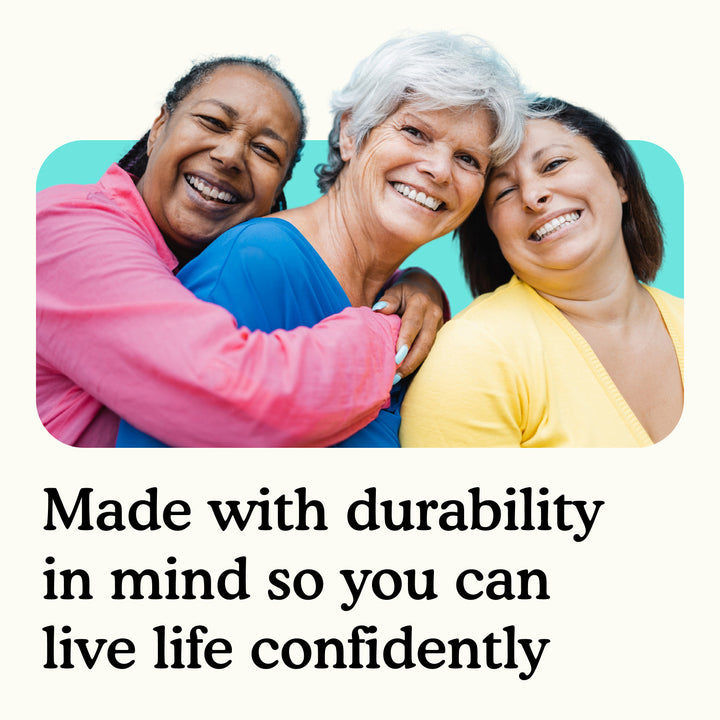 Three women smiling with text "made with durability in mind so you can live life confidently" on a white and teal background.