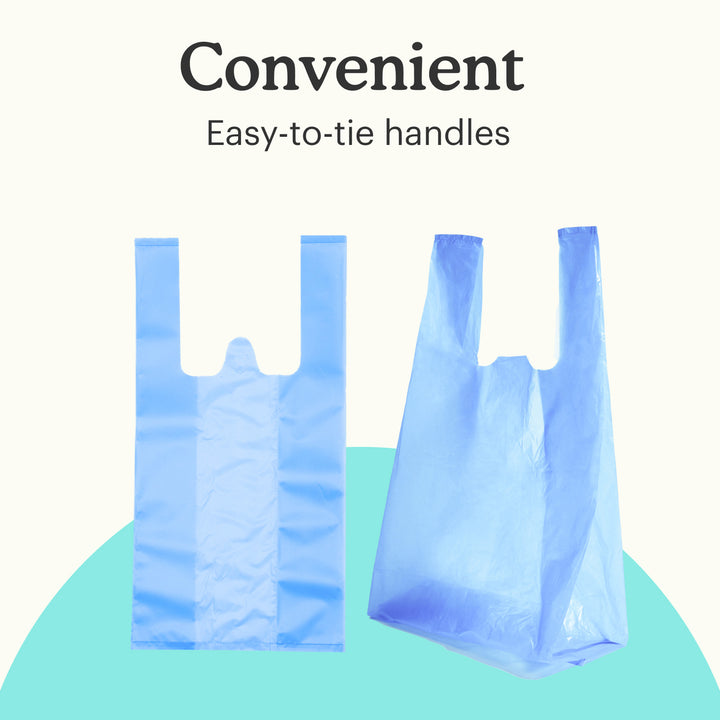 Blue Because disposable bags with "easy-to-tie handles" text on a teal and white background