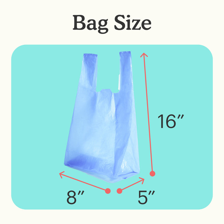Because disposal bag with size measurements on a teal and white background