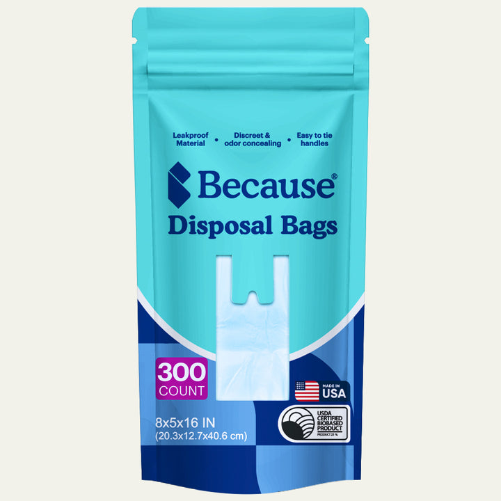 300 count package of Because disposal bags on a white background