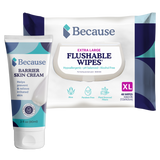 Essential Skincare Package contains 1 pack of Because Flushable Wipes  and 1 bottle of Because Barrier Cream.