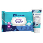Package of Because cleansing wipes and one bottle of Because barrier skin cream on white background